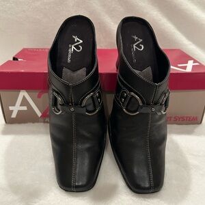 A2 By Aerosoles Women's Black Leather Slip-On Boots with Buckle Accents